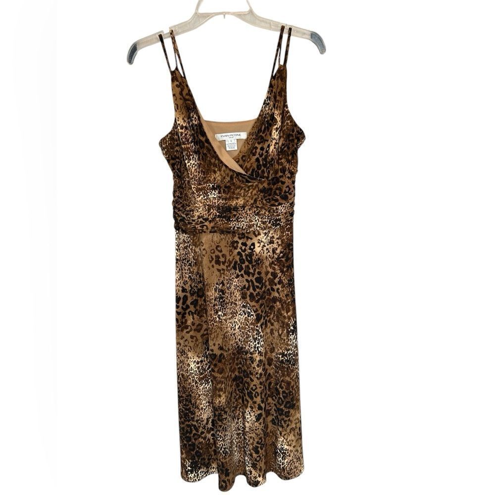 Evan-Picone Leopard Print Ruched Dress Sz 6 Y2K Mob Wife Babydoll Milkmaid